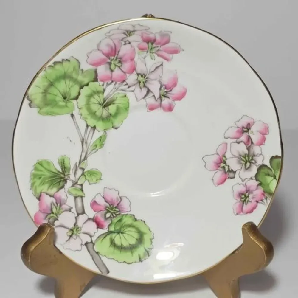 Salisbury Teacup and Saucer Pink Geraniums Vintage